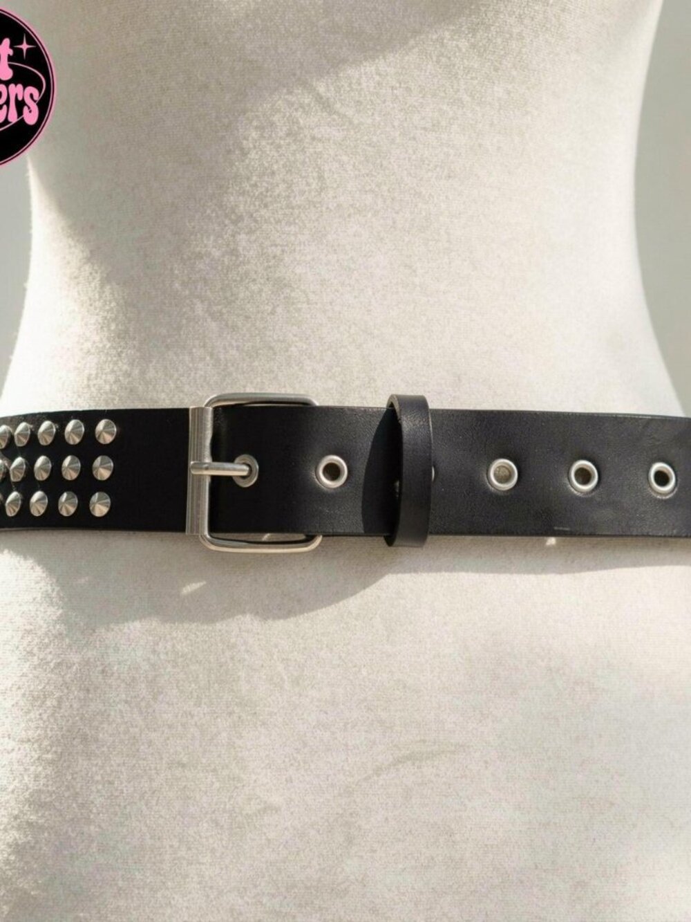 Y2K 2000s style Black leather studded belt with silver studs
